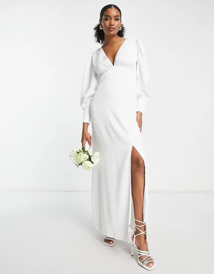 Y.A.S Bridal long sleeve satin maxi dress in white