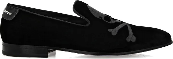 Embroidered-Skull Velvet Slippers
