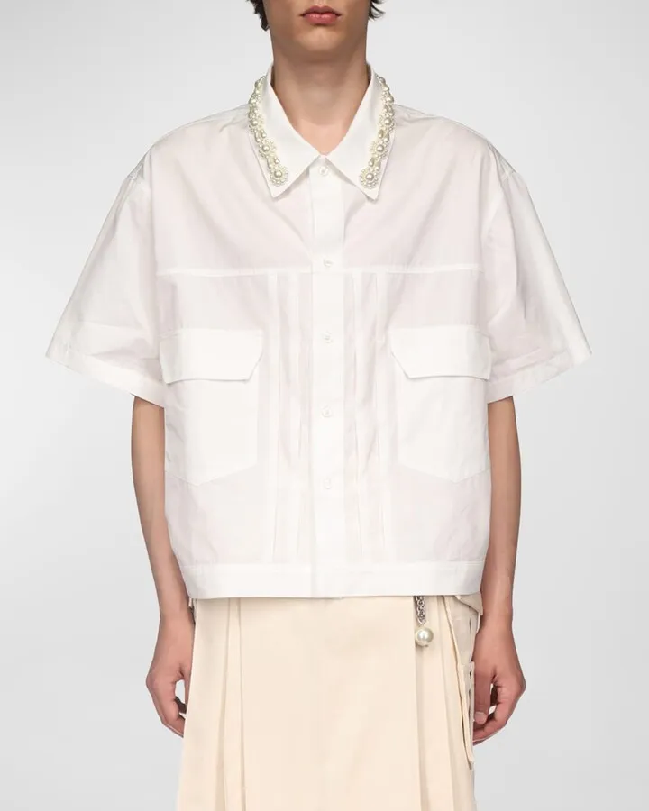Men's Pleated Shirt with Embellished Collar