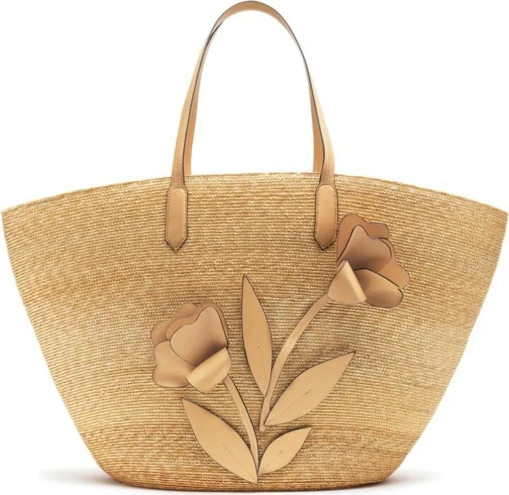 Floral-Appliqué Raffia Tote Bag