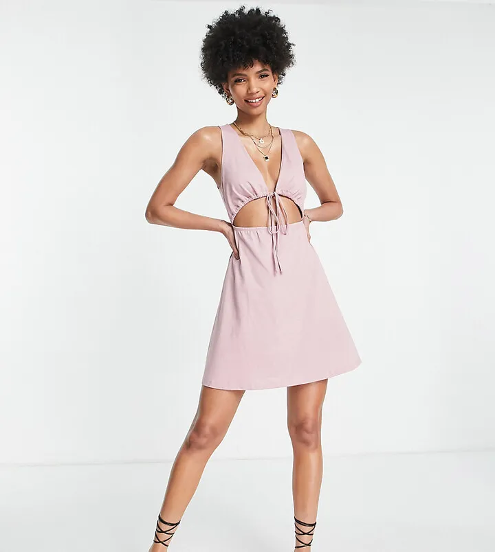 ASOS DESIGN Tall v neck cut out mini dress with tie detail in rose