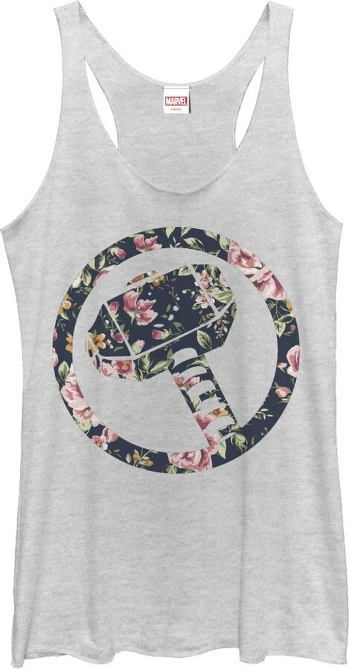 Women's Marvel Hammer Thor Floral Print Racerback Tank Top - White Heather - X Large