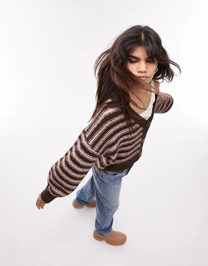 Topshop knitted textured stripe cardi in chocolate and pink