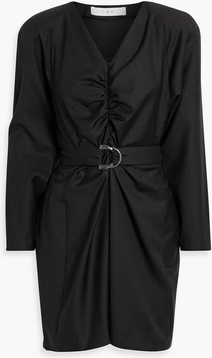 Baomi ruched belted wool-twill mini dress