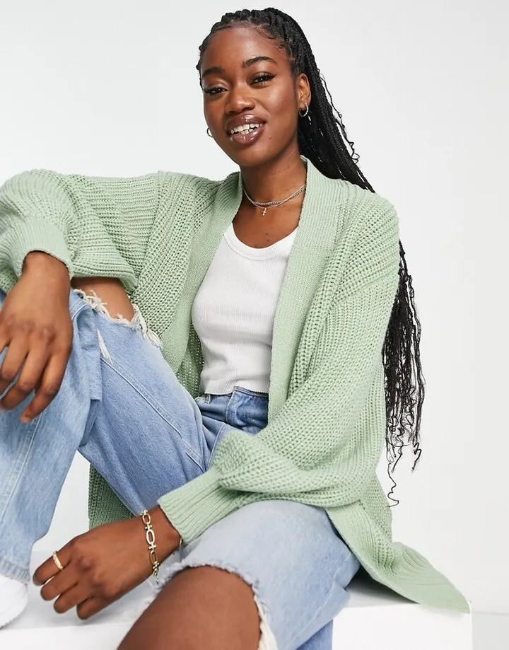 New Look balloon sleeve knitted cardigan in light green
