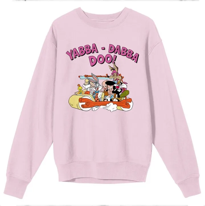 WB 100: Looney Tunes Mashups Flintstones Yabba-Dabba Doo Crew Neck Long Sleeve Cradle Pink Women’s Sweatshirt-Medium