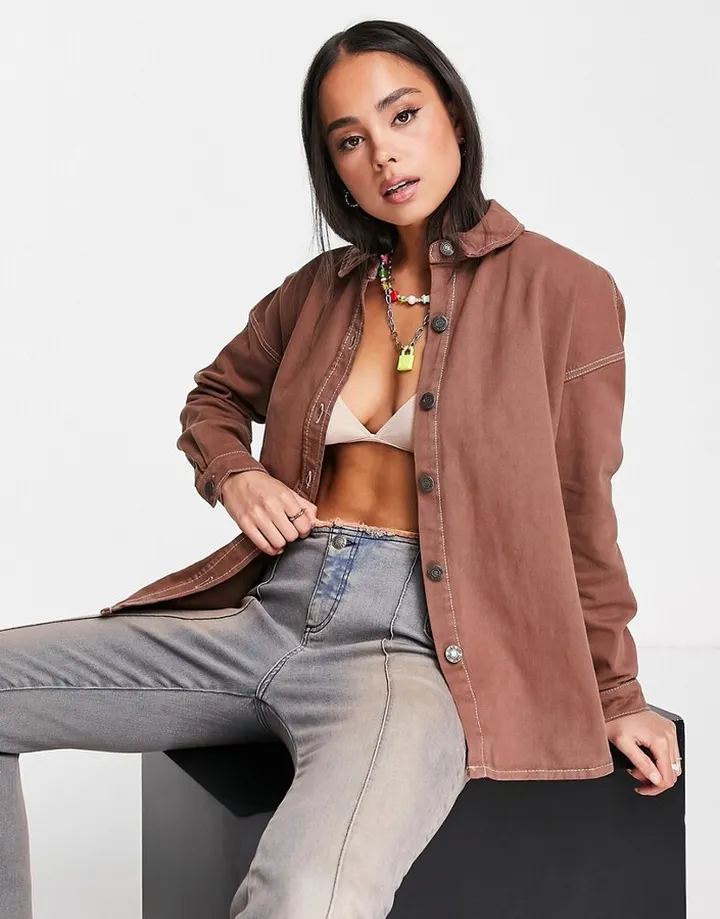 Noisy May oversized denim shirt in chocolate brown