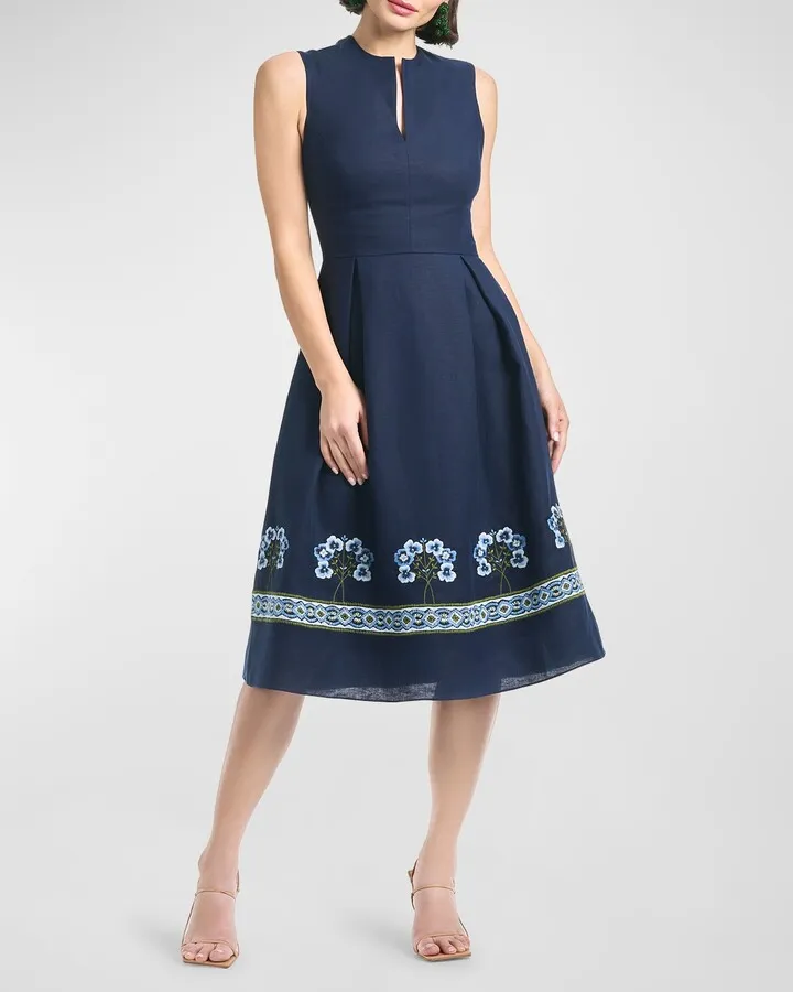 Christina Pleated Embroidered Midi Dress