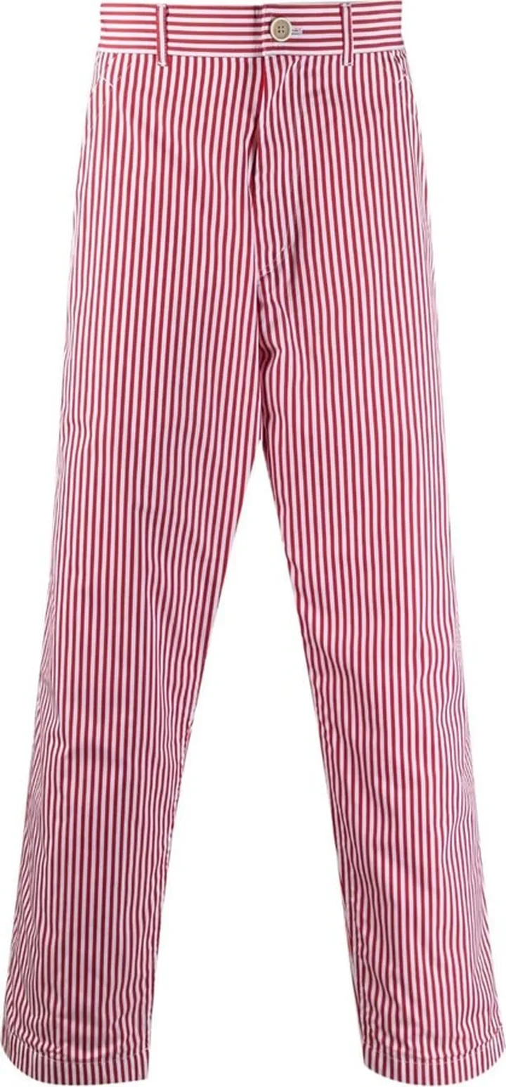Pinstriped Button-Tab Straight-Leg Trousers