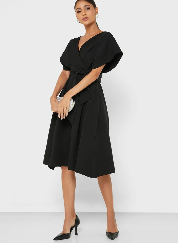 Surplice Detail Belted Dress