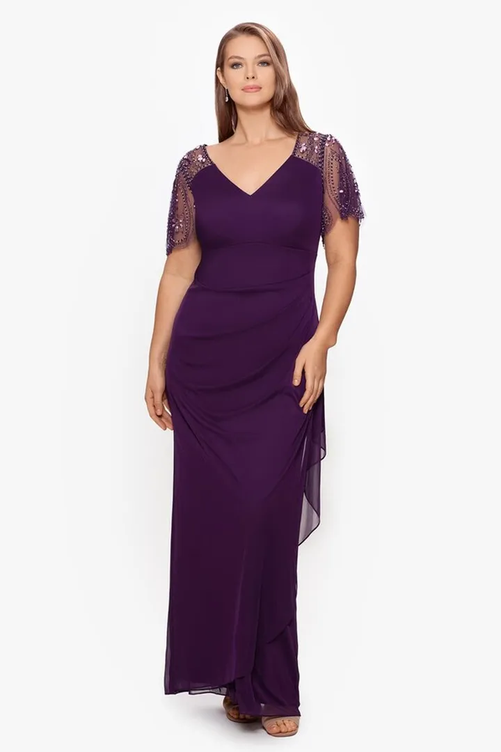 Long Sheer Matte Jersey Beaded Sleeve Dress