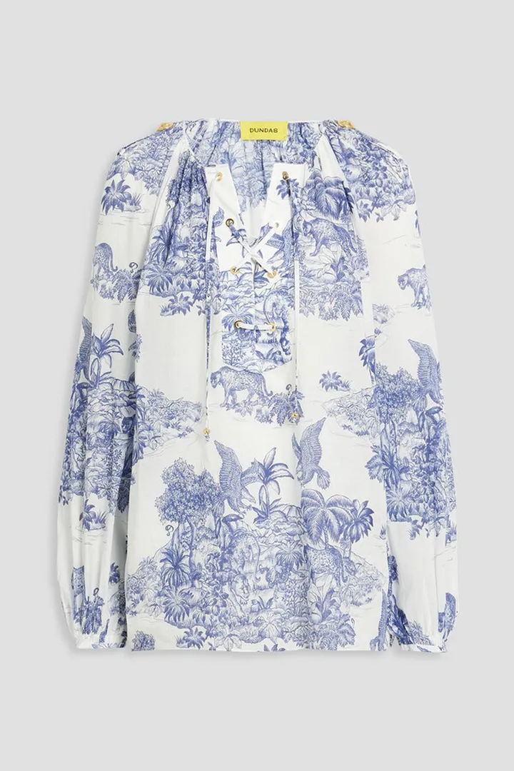Lace-up printed cotton-gauze blouse