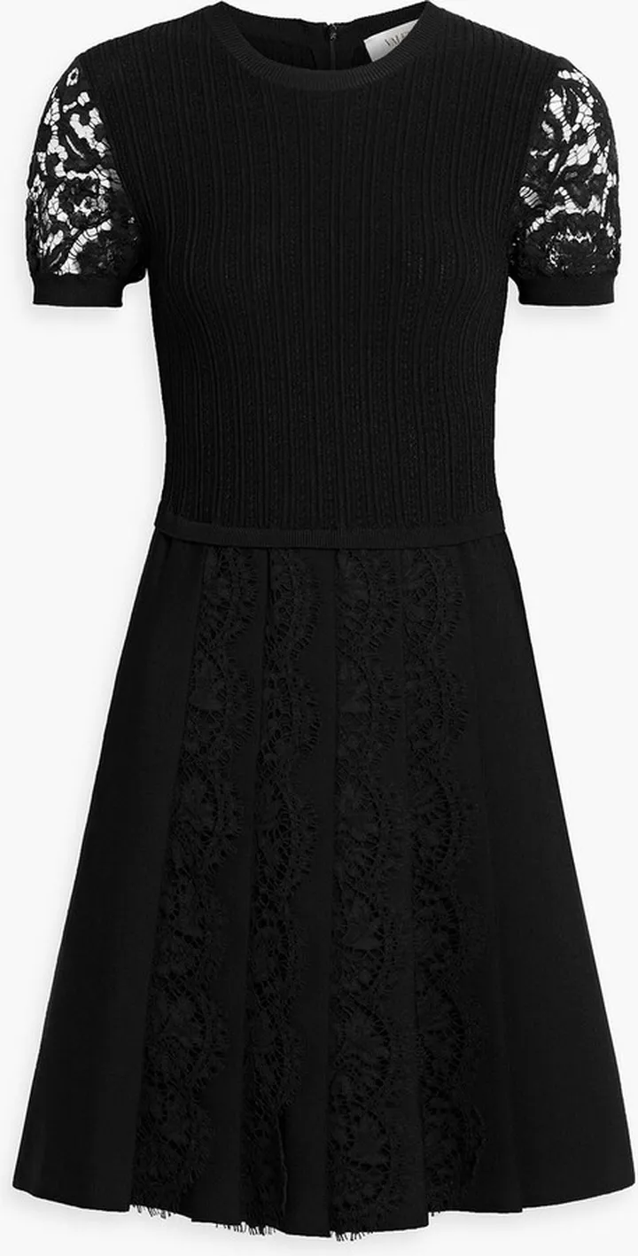 Lace-paneled pleated knitted mini dress