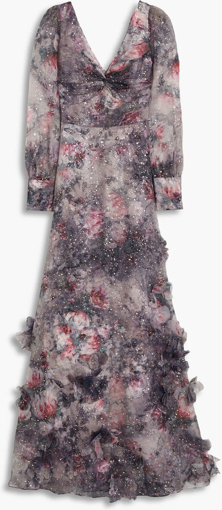 Twist-front floral-appliquéd printed organza gown