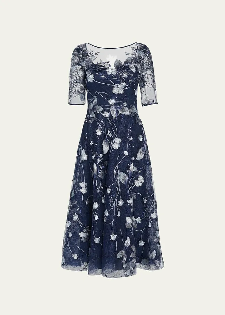 Floral-Embroidered Tulle Cocktail Dress