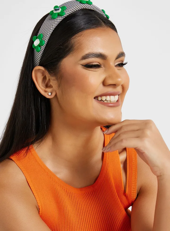 Crystal Floral Embellished Gingham Headband