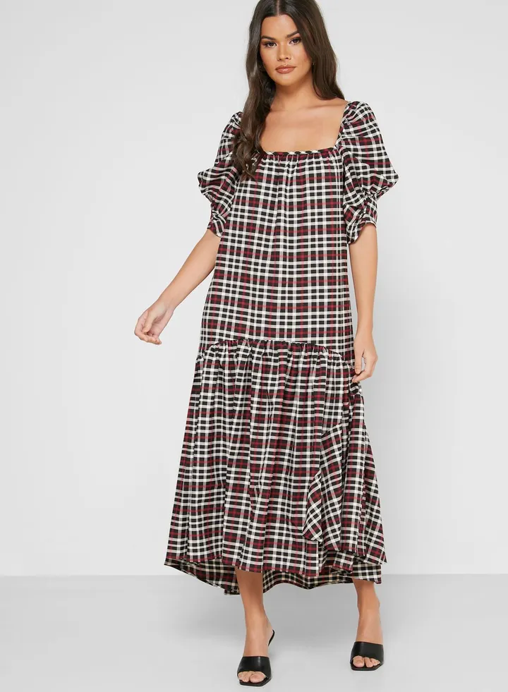 Puff Sleeve Checked Dress