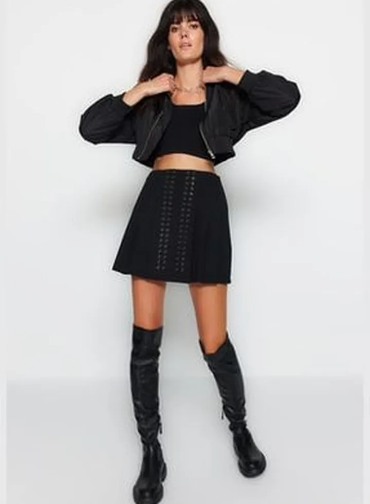 Black Crepe Eyelet Detailed Pleated Mini, Stretchy Knitted Skirt TWOAW24ET00053.
