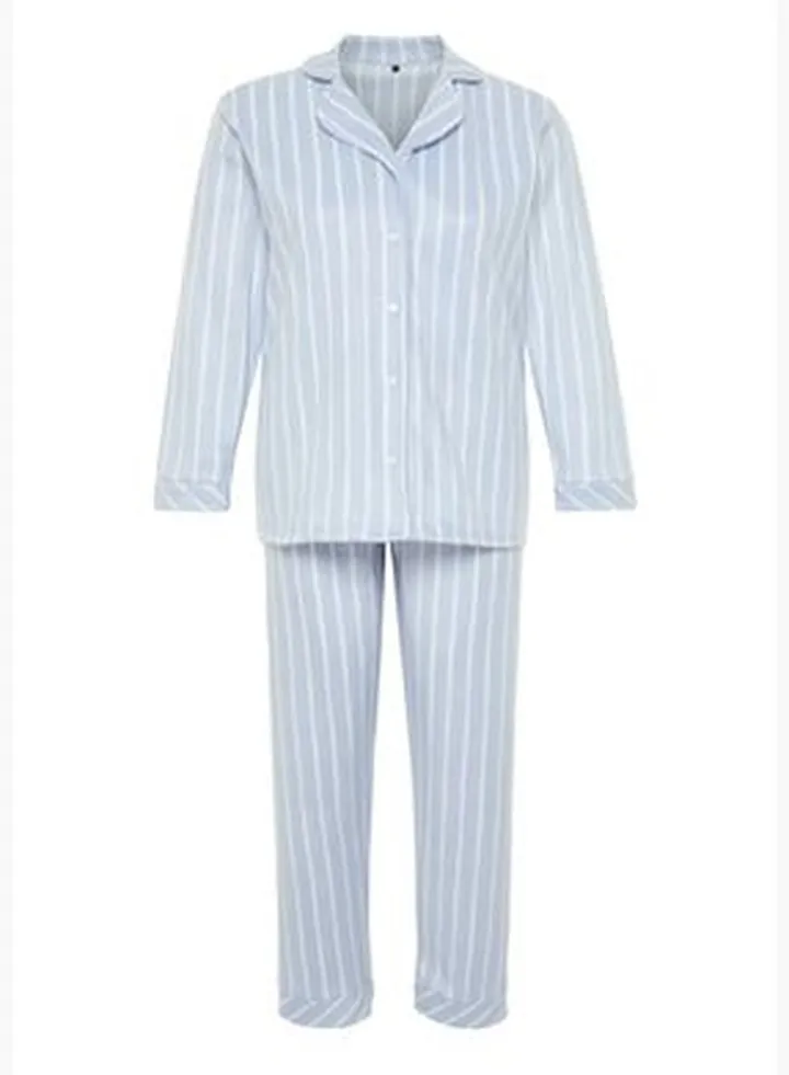 Blue Striped Single Jersey Homewear Plus Size Pajamas Set