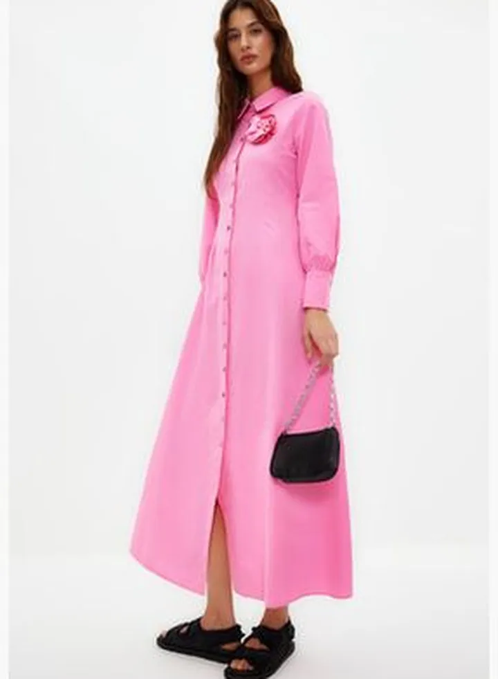Pink Flower Detailed Woven Shirt Dress