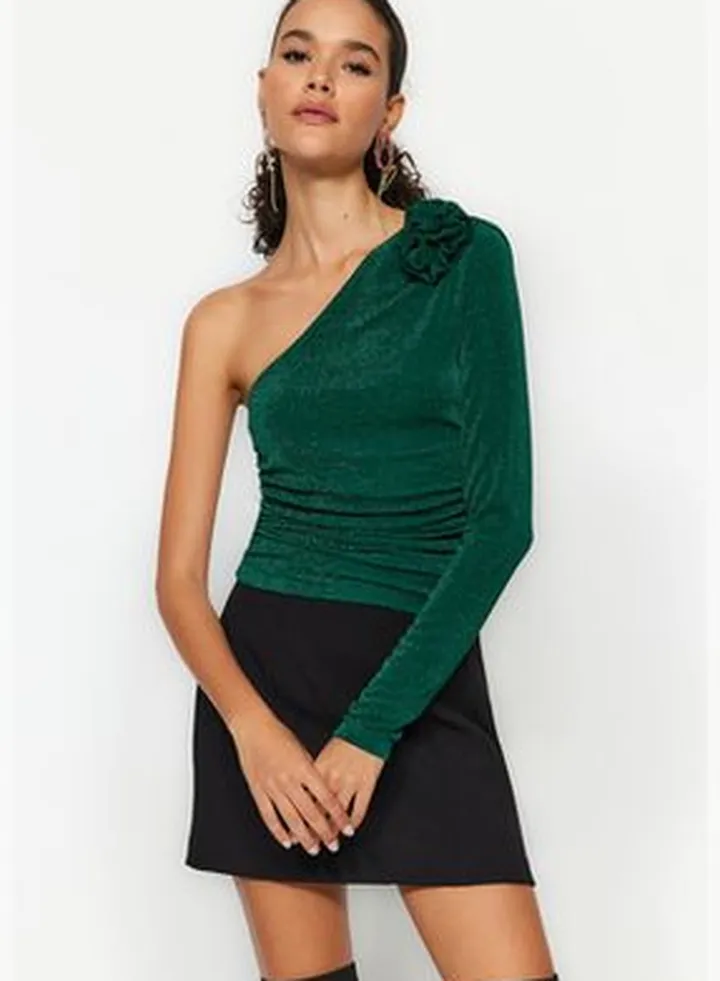 Emerald Green Sleeve Rose Detail Silvery Knitted Blouse TPRAW24BZ00090