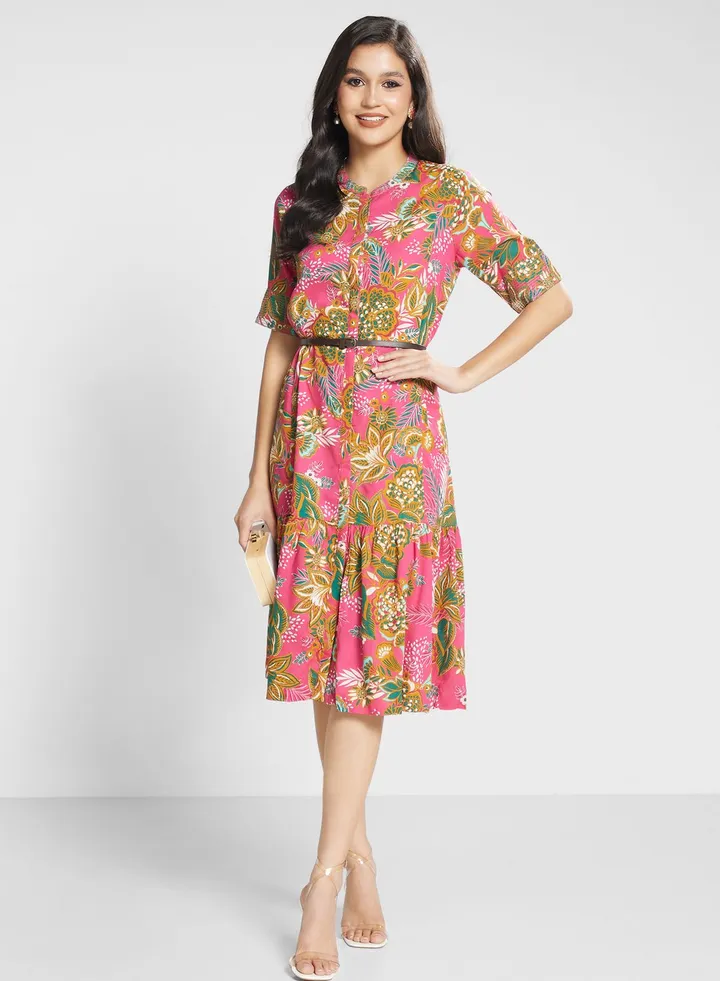 Belt Detail Printed Dress