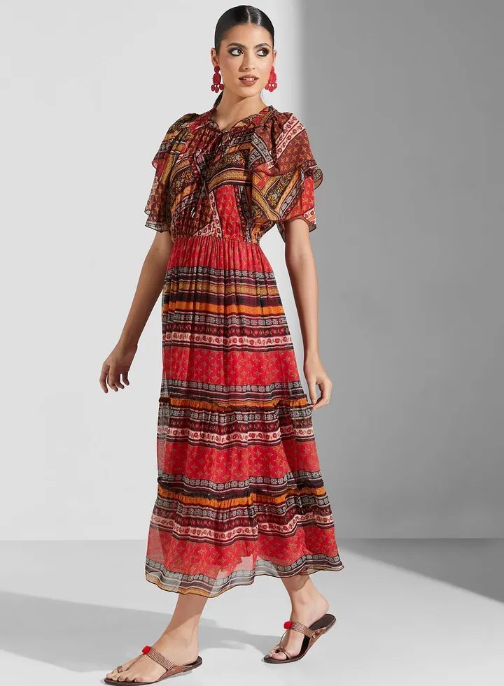Ruffle Sleeve Printed Dress