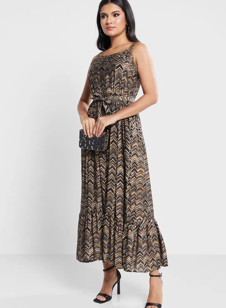 Tie Detail Printed Ruffle Dress