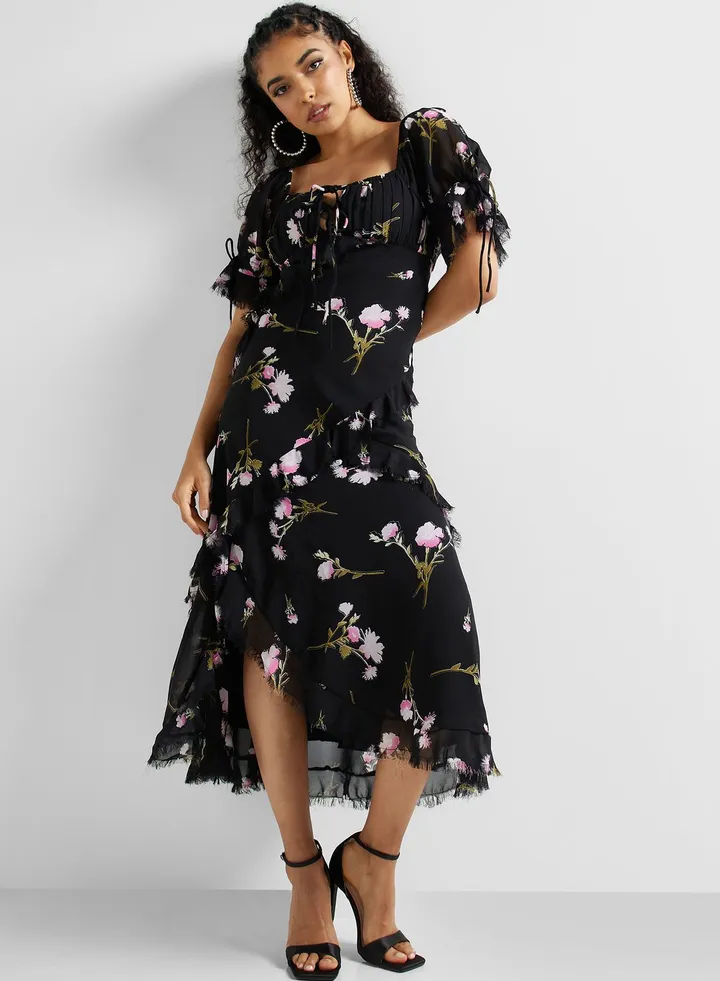 Printed Lace Detail Ruffle Dress