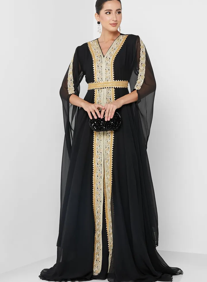 Split Sleeve Embellished Belted Dress