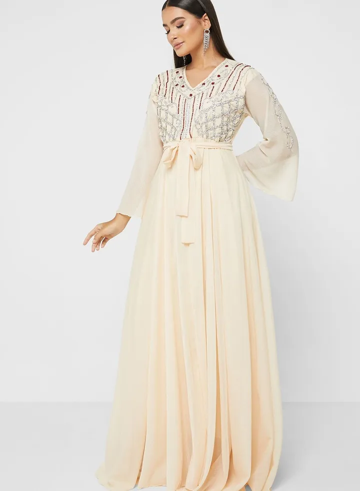 Flute Sleeve Embellished Tiered Dress