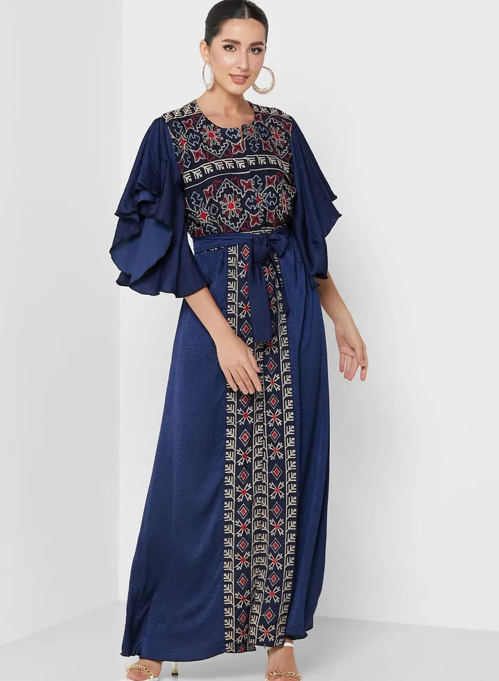 Front Slit Printed Ruffle Sleeve Dress