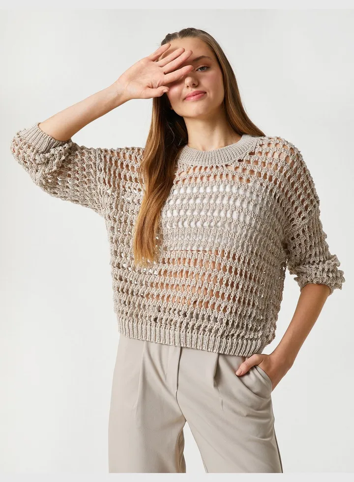 Crew Neck Ribbed Long Sleeve Ajoure Sweater