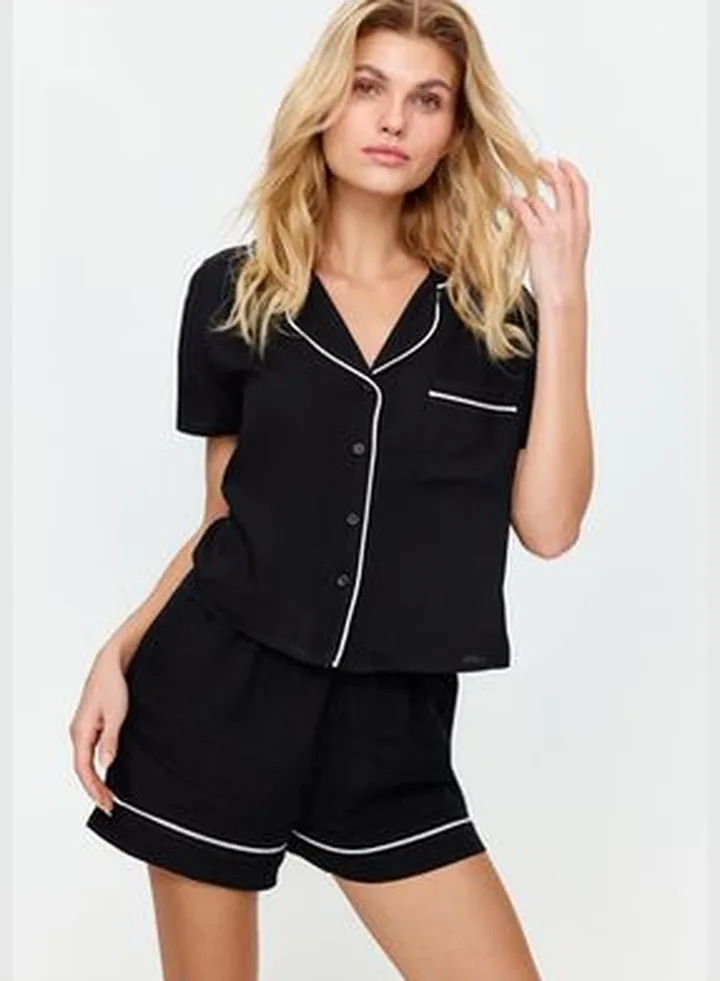 Black Piping Detailed Woven Pajamas Set
