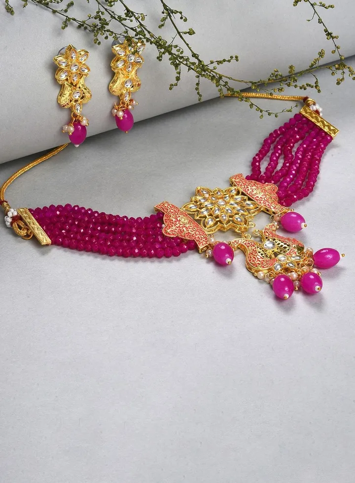 Gold Plated Designer Stone Beaded Necklace and Earrings Set