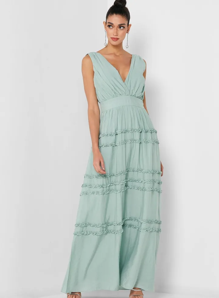 Plunge Neck Ruffle Detail Dress