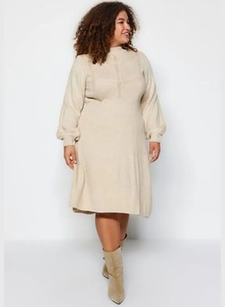 Beige Knitted Detailed Sweater Dress TBBAW24AH00018