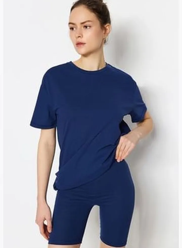 Navy Blue 100% Cotton T-shirt-Biker Leggings Knitted Pajamas Set THMSS20PT0397