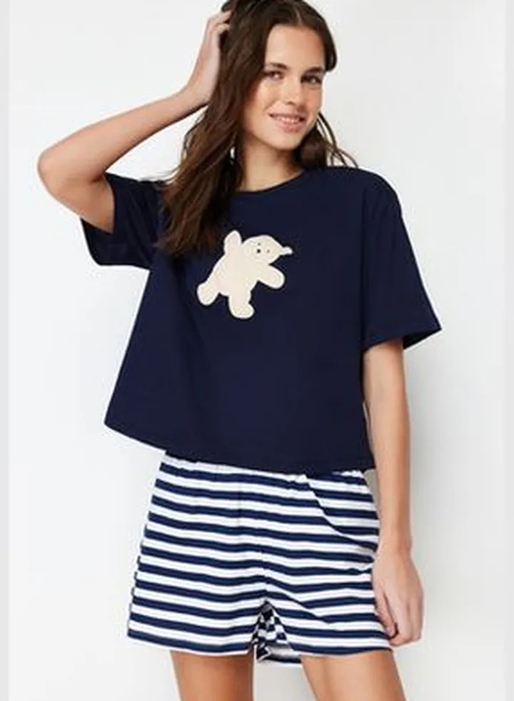 Navy Blue 100% Cotton Teddy Bear Printed Tshirt-Shorts Knitted Pajamas Set