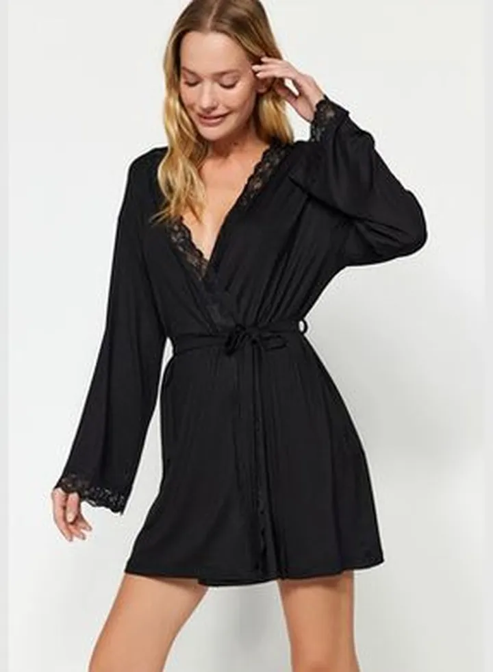 Viscose Knitted Black Dress With Lace Detail