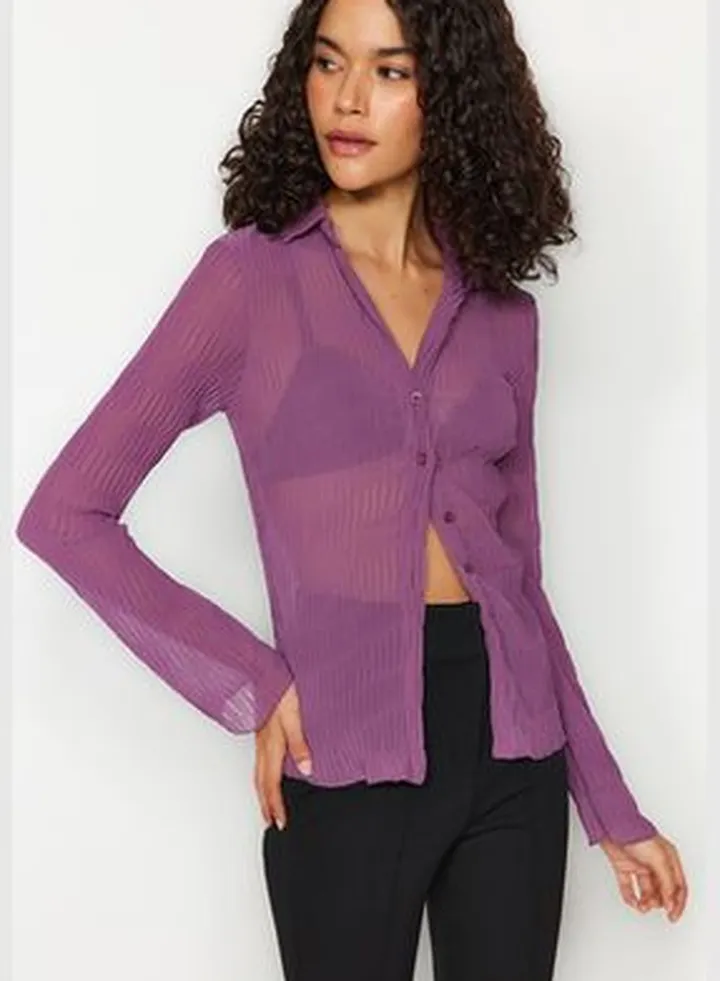 Lilac Pleated Fitted Woven Shirt TWOAW24GO00104