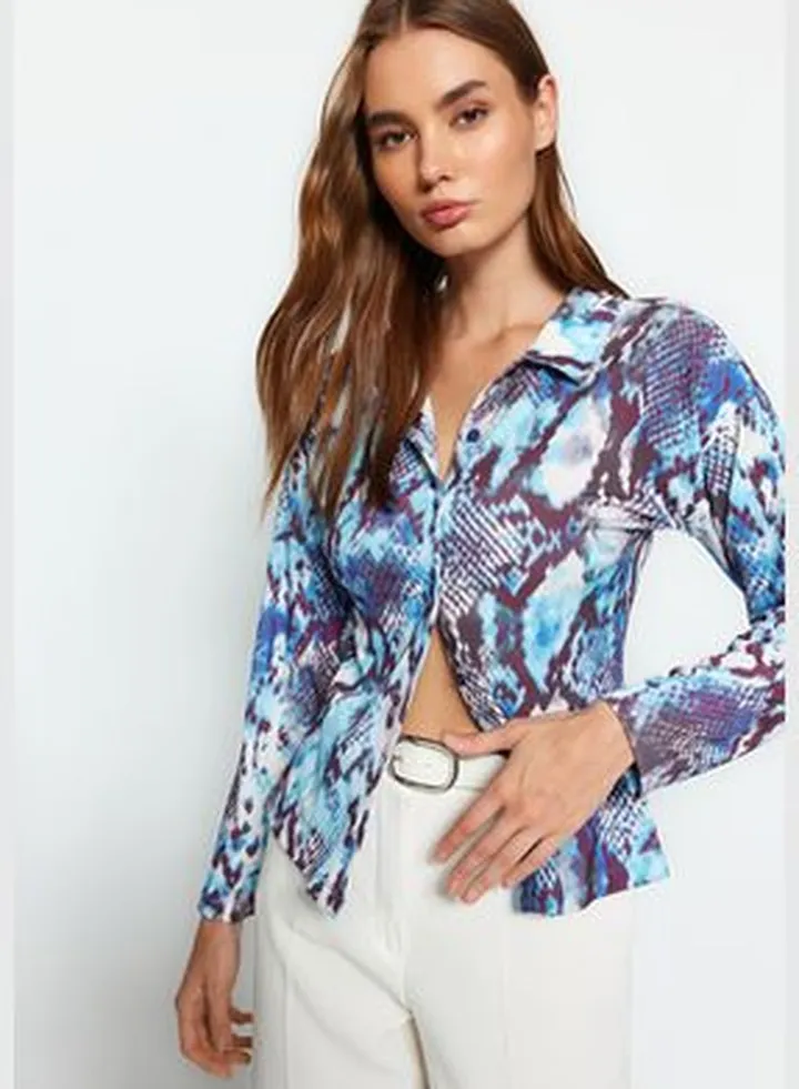 Blue Printed Knit Shirt TWOAW24GO00053