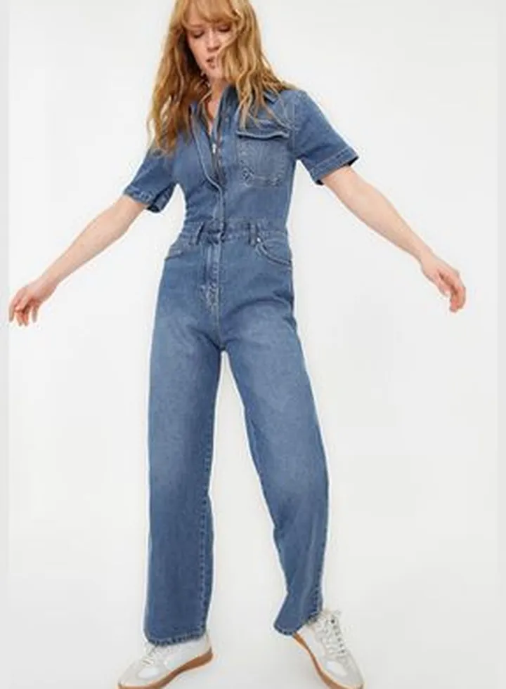 Blue Short Sleeve Denim Jumpsuit