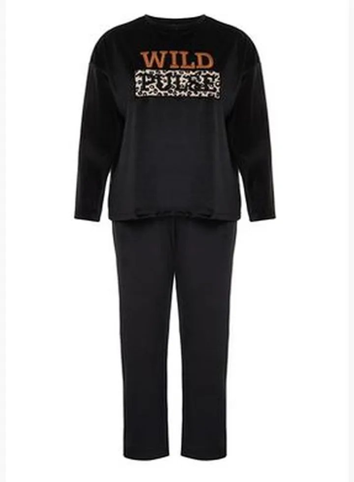 Black Plain T-shirt-Tracksuit Velvet Homewear Plus Size Pajama Set