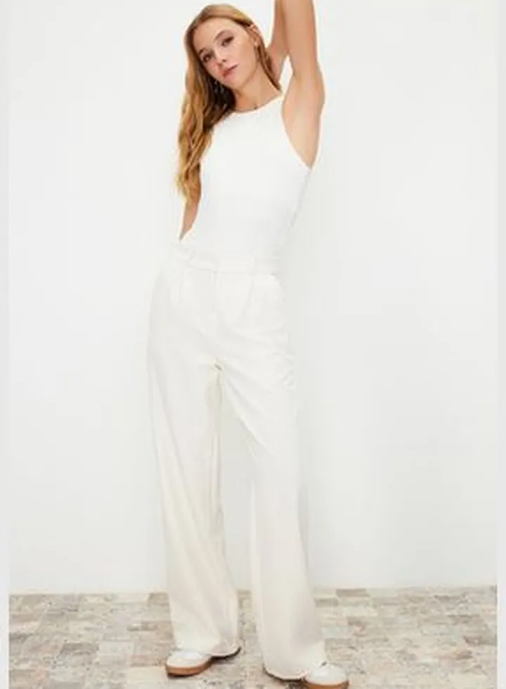 Ecru Wide Leg Woven Trousers