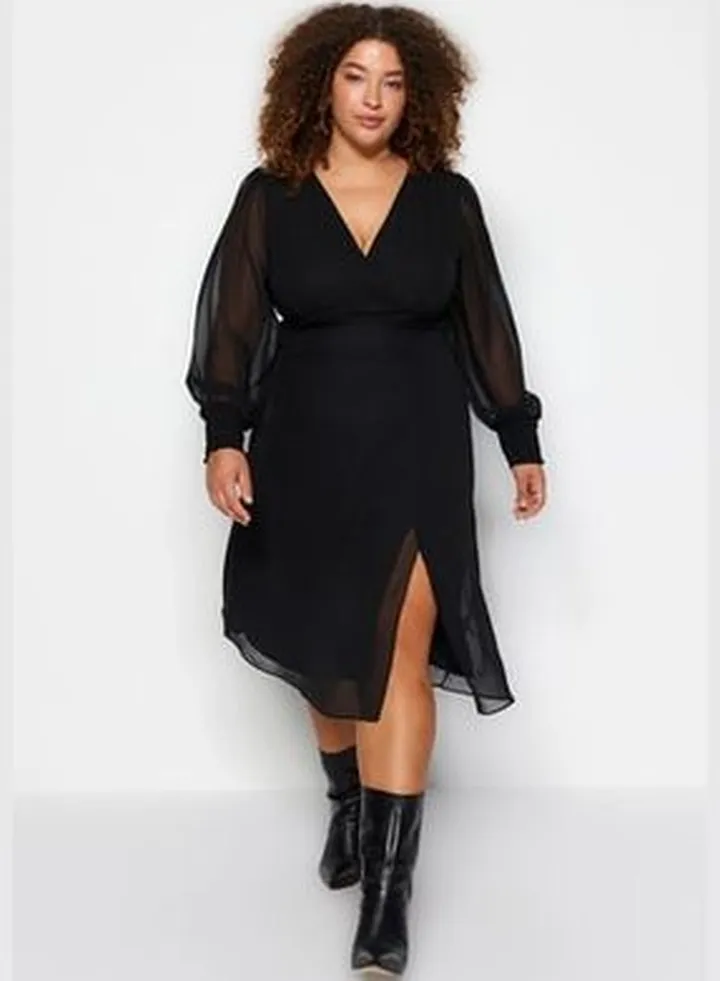 Black Slit Detailed A-line Woven Dress TBBAW24AH00040