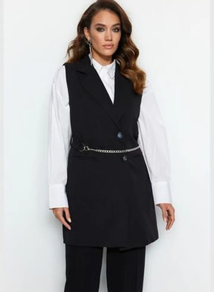 Black Chain Belt Detail Woven Vest TCTAW23YL00013.