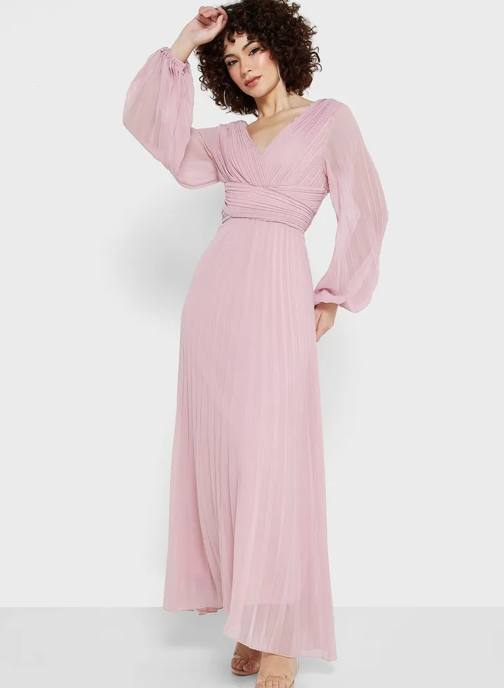 V-Neck Pleated Dress