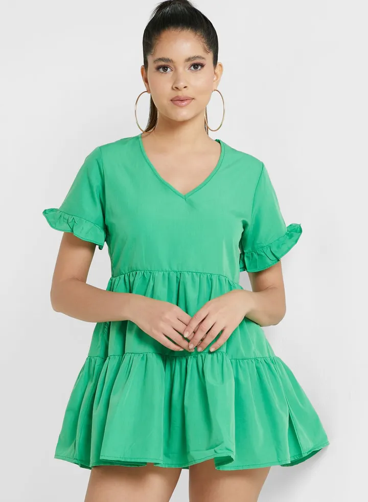 V-Neck Ruffle Detail Tiered Dress