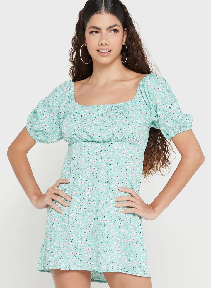 Puff Sleeve Floral Printed Dress